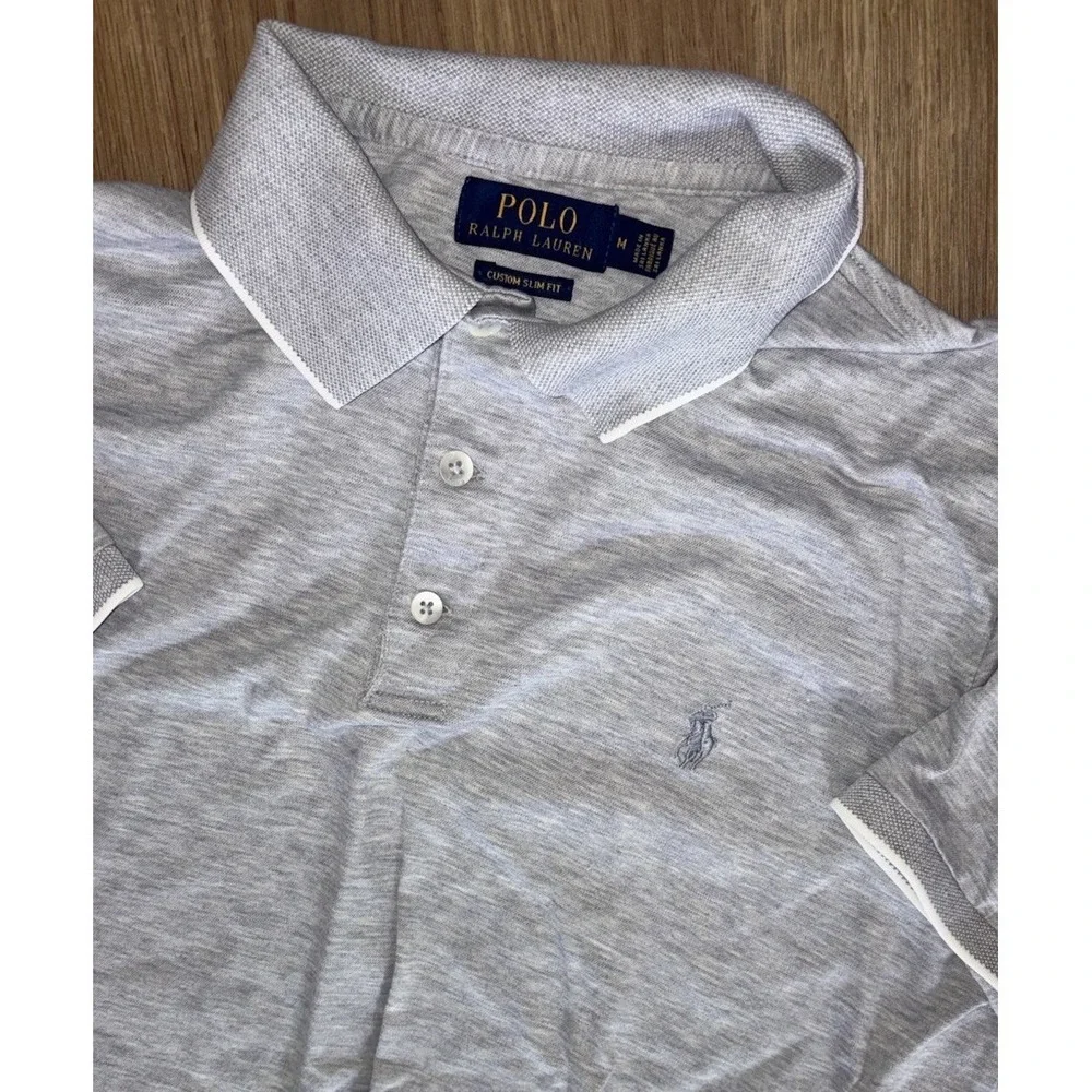 Polo Ralph Lauren Polo Shirt Gray Solid Medium Pony Custom Fit Contrasting Trim